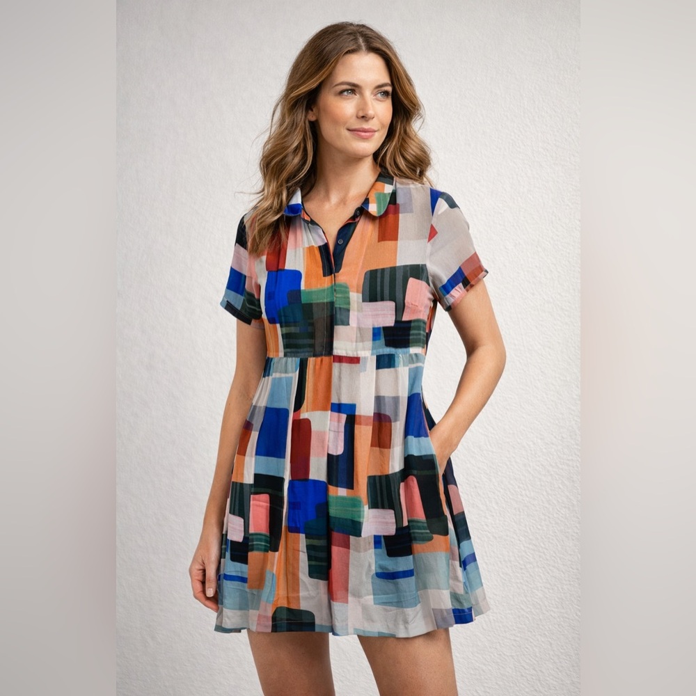 Lili Sidonio Abstract Print Mini Dress • Size L • Colorblock Boho Office Chic
